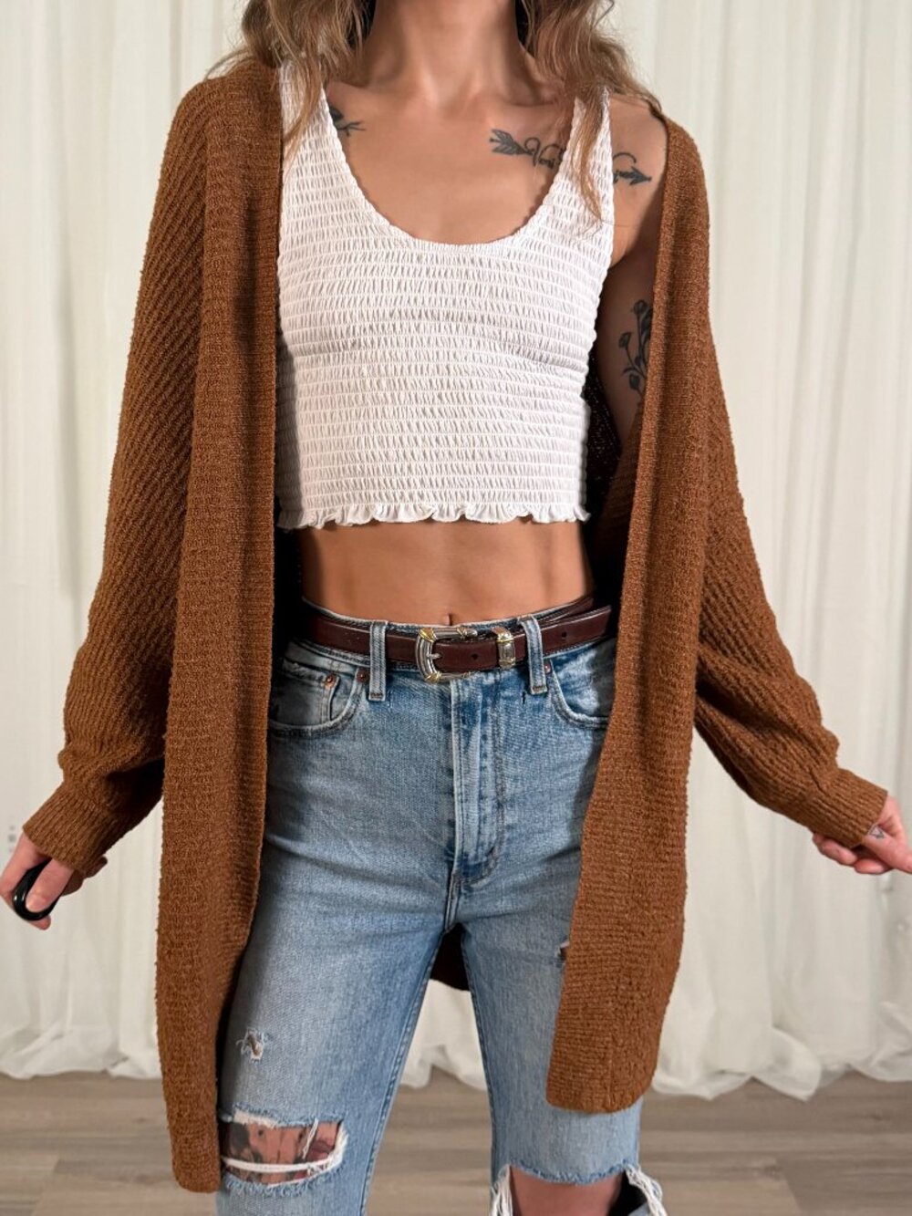Pink Rose Brown Longline Open Front Cardigan Size Small